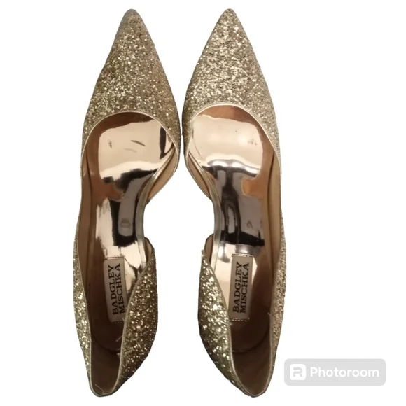 Badgley Mischka Daisy II Heels Gold Glitter Sz 10 - Picture 13 of 15